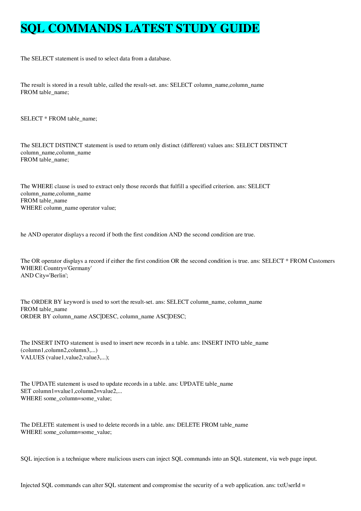 Preview image for SQL COMMANDS LATEST STUDY GUIDE